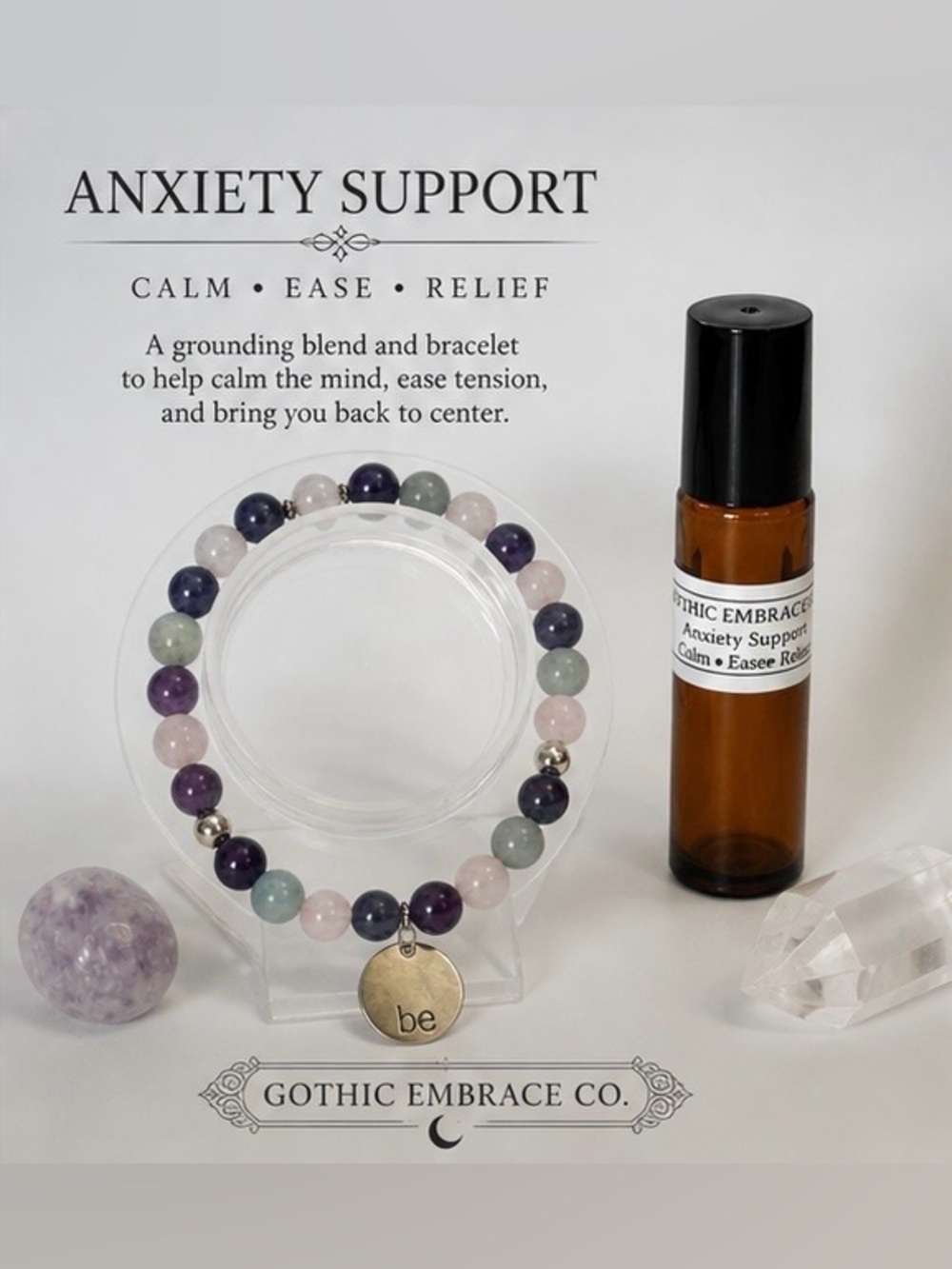 Gothic Embrace Anxiety Support Bracelet & Essential Oil Set Calm Ground Healing - Picture 2 of 2